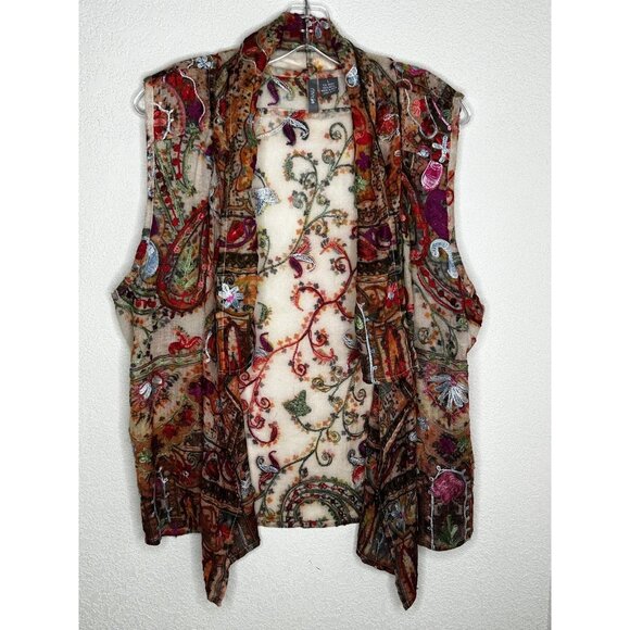 ANU Vest Womens Large Multicolor Sheer Wool Embroidered Paisley Boho Open Front - Picture 1 of 9
